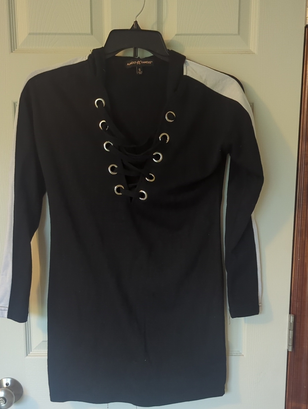 Almost Famous Black Long Sleeve Lace-Up Dress with White Sleeve Stripes